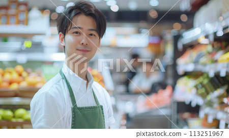 A smiling male clerk in the fresh food section of a supermarket 113251967