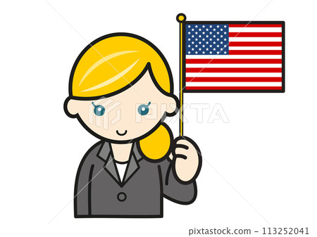 Caucasian woman holding an American flag 113252041