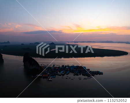 Aerial view of Panyee island in Phang Nga Thailand,High angle view Floating village, Koh Panyee fishing village island in Phang Nga, Thailand 113252052