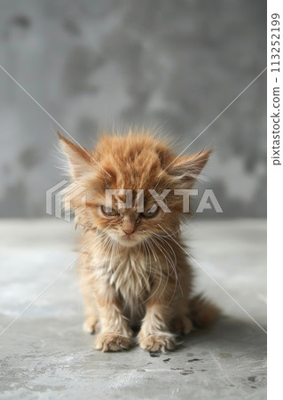A grumpy ginger kitten seems to squint at the world A grumpy ginger kitten seems to squint at the world 113252199