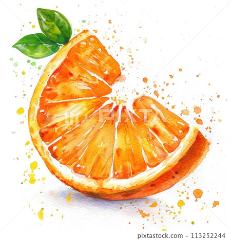 An enticing watercolor slice of orange, adorned with paint splatters An enticing watercolor slice of orange, adorned with paint splatters 113252244