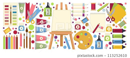 Painting hobby, easel and pigments, pencils tools 113252610