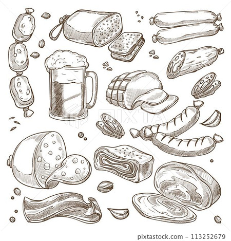 Sausages and ham, meat and glass of beer sketch Sausages and ham, meat and glass of beer sketch 113252679