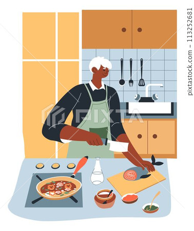 Cooking fish dishes at home, preparing dinner Cooking fish dishes at home, preparing dinner 113252681