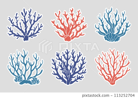 Set of coral reefs or algae, underwater plants. Set of sea coral icons. Stickers, illustration. Vector Set of coral reefs or algae, underwater plants. Set of sea coral icons. Stickers, illustration. Vector 113252704
