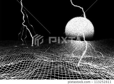 Space landscape with lightning strike in retro book style. Dotwork scene with grid terrain, and thunderbolt Space landscape with lightning strike in retro book style. Dotwork scene with grid terrain, and thunderbolt 113252811