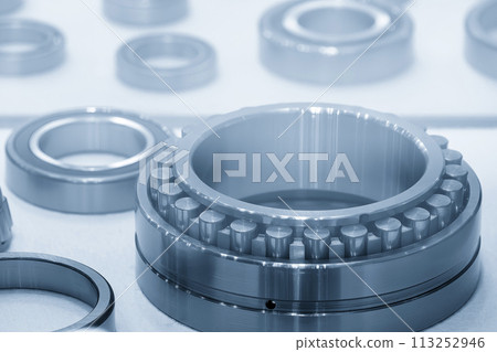 The cylindrical ball bearing parts in the light blue scene. The cylindrical ball bearing parts in the light blue scene. 113252946