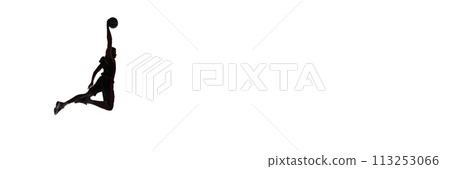 Slam dunk. Dynamic image of male basketball player throwing ball in a jump isolated on white background 113253066