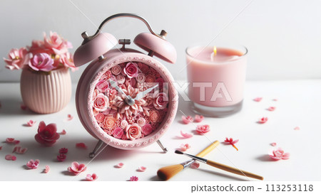 Pink alarm clock, the dial of which is decorated with pink flowers on a white background 113253118