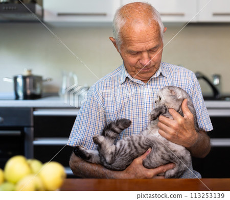 Portrait of old man with cat Portrait of old man with cat 113253139