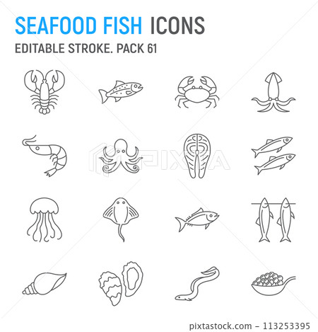 Seafood and fish line icon set Seafood and fish line icon set 113253395