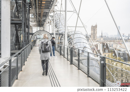 A deserted walkway with a cityscape view from the Centre Pompidou, showcasing modern architectural design. Paris, France 113253422