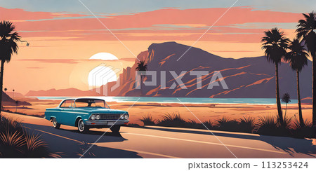 1960s California summer: minimalist car cruising coastal highway 113253424