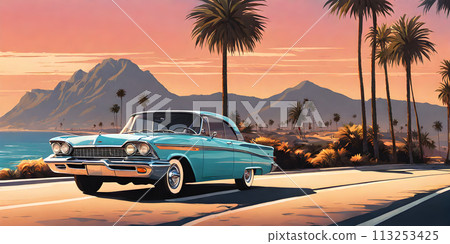 1960s California summer: minimalist car cruising coastal highway 113253425