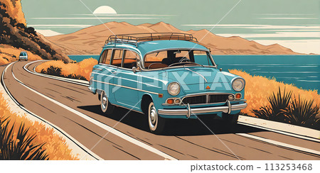 1980s car cruising along Italian coastline: minimalist summer scene 1980s car cruising along Italian coastline: minimalist summer scene 113253468