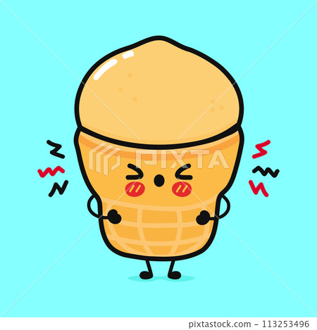Angry Ice cream character. Vector hand drawn cartoon kawaii character illustration icon. Isolated on blue background. Sad Ice cream character concept 113253496