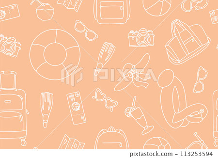 Hand drawn set of summer holiday elements, luggage, swimwear and beach accessories. Travel element drawn in doodle style. Illustration for banner, background, badge, logo design. Vector Hand drawn set of summer holiday elements, luggage, swimwear and beach accessories. Travel element drawn in doodle style. Illustration for banner, background, badge, logo design. Vector 113253594
