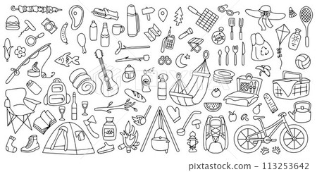 Hand drawn picnic, travel and camping theme. Vector illustration 113253642