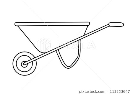 Wheelbarrow for the garden icon. Vector Illustration of Black Line Garden Wheelbarrow Doodle. Hand wheelbarrow for gardening and construction tools isolated on white background. Vector illustration 113253647