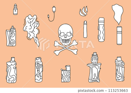 Set of electronic cigarettes with doodles isolated on white background. Modern illustration of smoking, vaping and nicotine. Quit smoking and vaping. Vector illustration Set of electronic cigarettes with doodles isolated on white background. Modern illustration of smoking, vaping and nicotine. Quit smoking and vaping. Vector illustration 113253663
