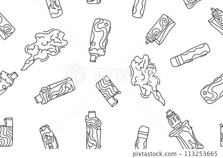 Set of electronic cigarettes with doodles isolated on white background. Modern illustration of smoking, vaping and nicotine. Quit smoking and vaping. Vector illustration Set of electronic cigarettes with doodles isolated on white background. Modern illustration of smoking, vaping and nicotine. Quit smoking and vaping. Vector illustration 113253665