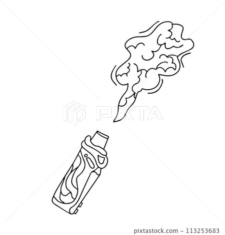 Set of electronic cigarettes with doodles isolated on white background. Modern illustration of smoking, vaping and nicotine. Quit smoking and vaping. Vector illustration 113253683