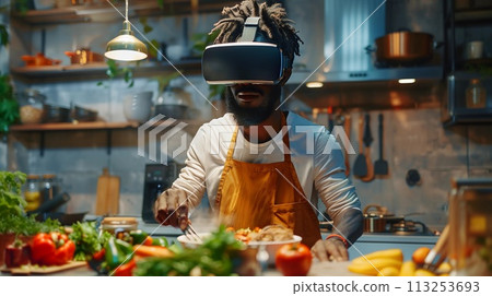Black Man in VR Headset While Cooking, Interactive Culinary Experience, Modern Kitchen, AI Generated 113253693
