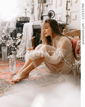 Close up portrait of beautiful fashionable woman with natural flawless skin, wearing trendy vintage style pastel dress. Spring, summer fashion, beauty concept 113253760