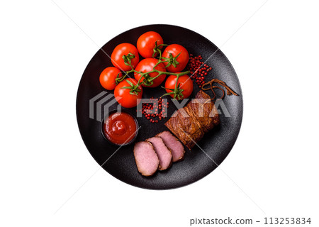 Delicious smoked meat pork or chicken with salt, spices and herbs 113253834