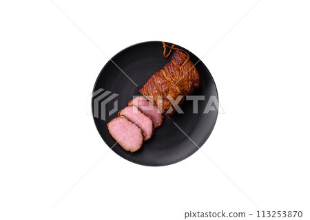 Delicious smoked meat pork or chicken with salt, spices and herbs Delicious smoked meat pork or chicken with salt, spices and herbs 113253870