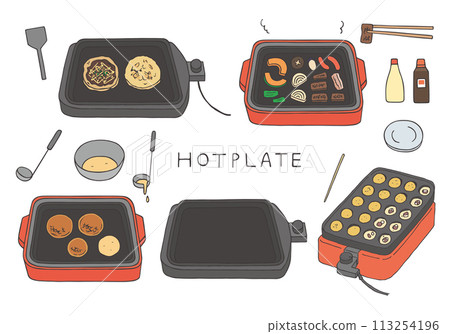 Illustration (color) of cooking teppanyaki on a hot plate 113254196
