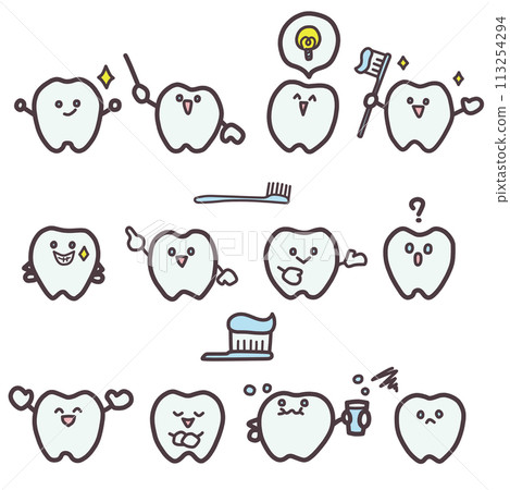 A color illustration set of deformed tooth characters with various expressions and poses 113254294
