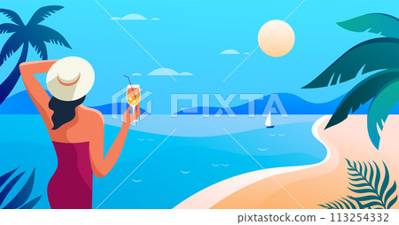 Summer and Travel concept design. Woman with cocktail, standing and looking on the landscape Summer and Travel concept design. Woman with cocktail, standing and looking on the landscape 113254332
