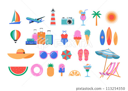 Summer, travel icons set. Vector collection of illustrations Summer, travel icons set. Vector collection of illustrations 113254350