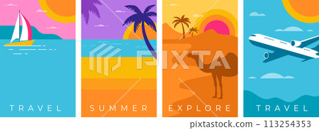 Colorful Geometric Summer and Travel Background, poster, banner. Summer time fun concept design Colorful Geometric Summer and Travel Background, poster, banner. Summer time fun concept design 113254353
