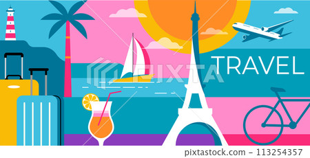 Colorful Geometric Summer and Travel Background, poster, banner. Summer time fun concept design Colorful Geometric Summer and Travel Background, poster, banner. Summer time fun concept design 113254357