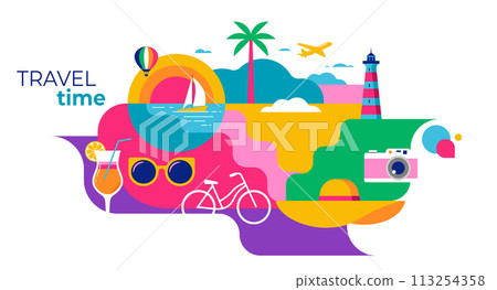 Colorful Geometric Summer and Travel Background, poster, banner. Summer time fun concept design Colorful Geometric Summer and Travel Background, poster, banner. Summer time fun concept design 113254358