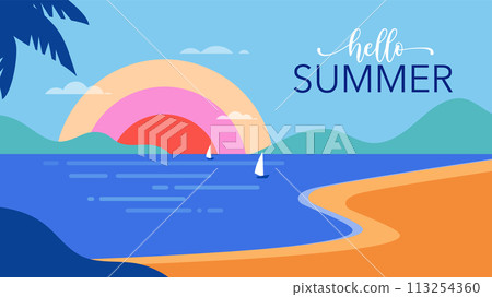 Summer and Travel concept design. Clean landscape of sea and beach. Beautiful nature palm leaf on Summer and Travel concept design. Clean landscape of sea and beach. Beautiful nature palm leaf on 113254360