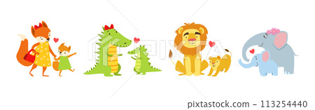 Baby Animal and Their Mom Love Each Other Vector Set 113254440