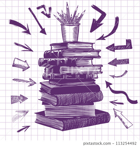 Stack of books doodle on checkered paper background, vector illustration. Drawing with a blue pen on a notebook sheet . Handmade, not AI Vector illustration Stack of books doodle on checkered paper background, vector illustration. Drawing with a blue pen on a notebook sheet . Handmade, not AI Vector illustration 113254492