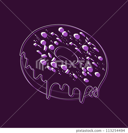 A single purple doughnut with colorful sprinkles is arranged neatly on a purple background. The doughnut covered in a smooth purple glaze and topped with an assortment of sprinkles A single purple doughnut with colorful sprinkles is arranged neatly on a purple background. The doughnut covered in a smooth purple glaze and topped with an assortment of sprinkles 113254494