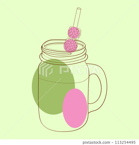 A mason jar stands upright with a raspberry placed on top of its lid. The ripe red fruit contrasts beautifully against the clear glass of the jar A mason jar stands upright with a raspberry placed on top of its lid. The ripe red fruit contrasts beautifully against the clear glass of the jar 113254495