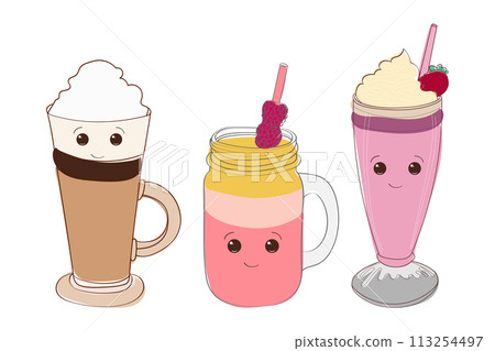 Three drinks are depicted, each with a distinct emoticon face drawn on them. The drinks appear to be expressing different emotions or personalities through their facial features Three drinks are depicted, each with a distinct emoticon face drawn on them. The drinks appear to be expressing different emotions or personalities through their facial features 113254497