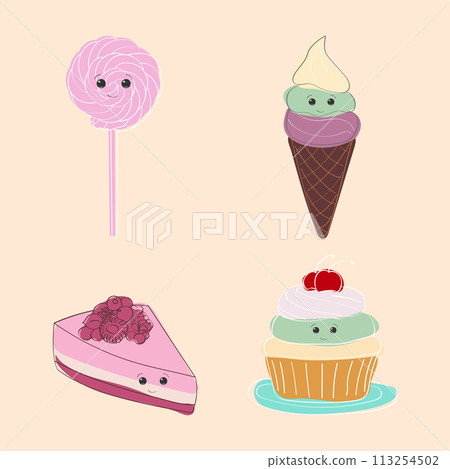 Four unique emoticon desserts are displayed on a vibrant pink background. The desserts vary in colors, textures, and shapes, creating an eye-catching display of sweet treats 113254502
