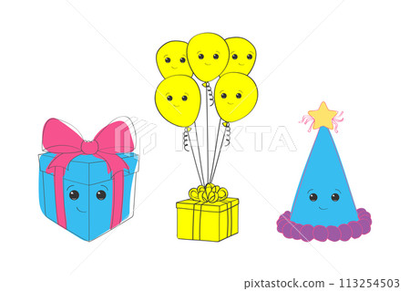 A festive birthday card featuring colorful emoticon balloons, a wrapped gift box, and a shiny star against a bright background. The balloons are floating, the emoticon gift box is ribbon-tied 113254503