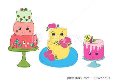 Three distinct emoticon cakes, each with unique decorations and presentations are neatly arranged 113254504
