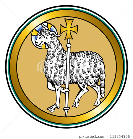 Agnus Dei, the Lamb of God, a medieval visual representation of Jesus as a lamb, carrying a halo and holding a standard with a cross, symbolizing the victory, as described in the Book of Revelation. 113254506