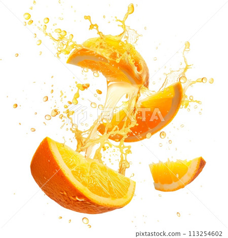 Orange exploding and bursting into pieces with juice splatters in different directions, isolated on a white or transparent background. Fruit explosion, apple juice splashes, side view Orange exploding and bursting into pieces with juice splatters in different directions, isolated on a white or transparent background. Fruit explosion, apple juice splashes, side view 113254602