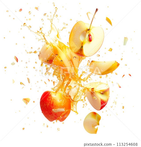 Apple exploding and bursting into pieces with juice splatters in different directions, isolated on a white or transparent background. Fruit explosion, apple juice splashes, side view. 113254608