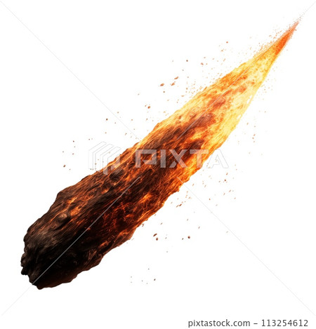 Falling meteorite isolated on a white or transparent background. A meteorite with tongues of flame scatters into small pieces close-up. Graphic design element on the theme of space. 113254612